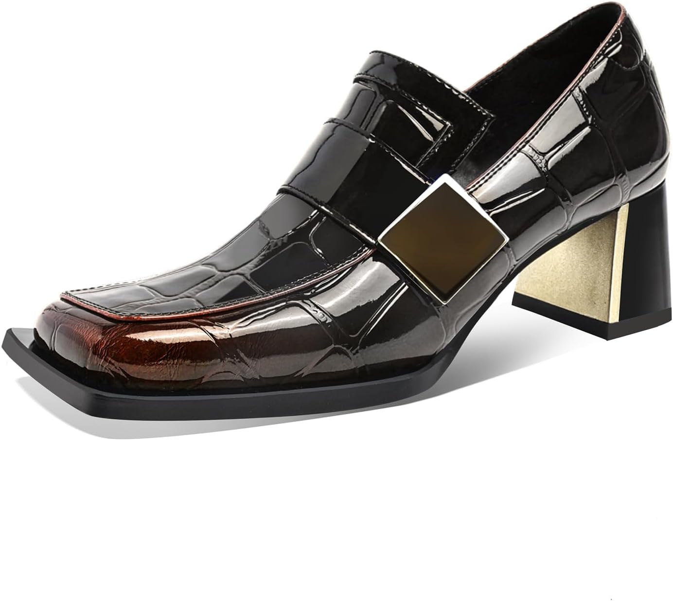 Women's Square Toe Loafers with Metal Buckle, Chunky Low Heels (2.6 Inch) - Slip On Dress Shoes Comfortable for Women, Office, Party, Casual Wear