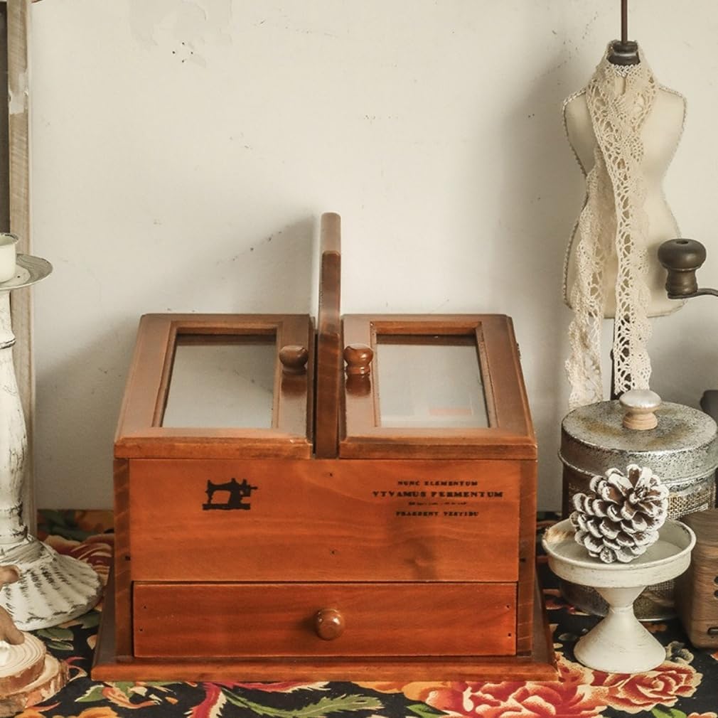 Vlwm レトロ木製裁縫箱｜ソーイングバスケット風 大容量収納｜裁縫道具・縫い糸整理に最適 ソーイングキット用ケース｜持ち手式 携帯