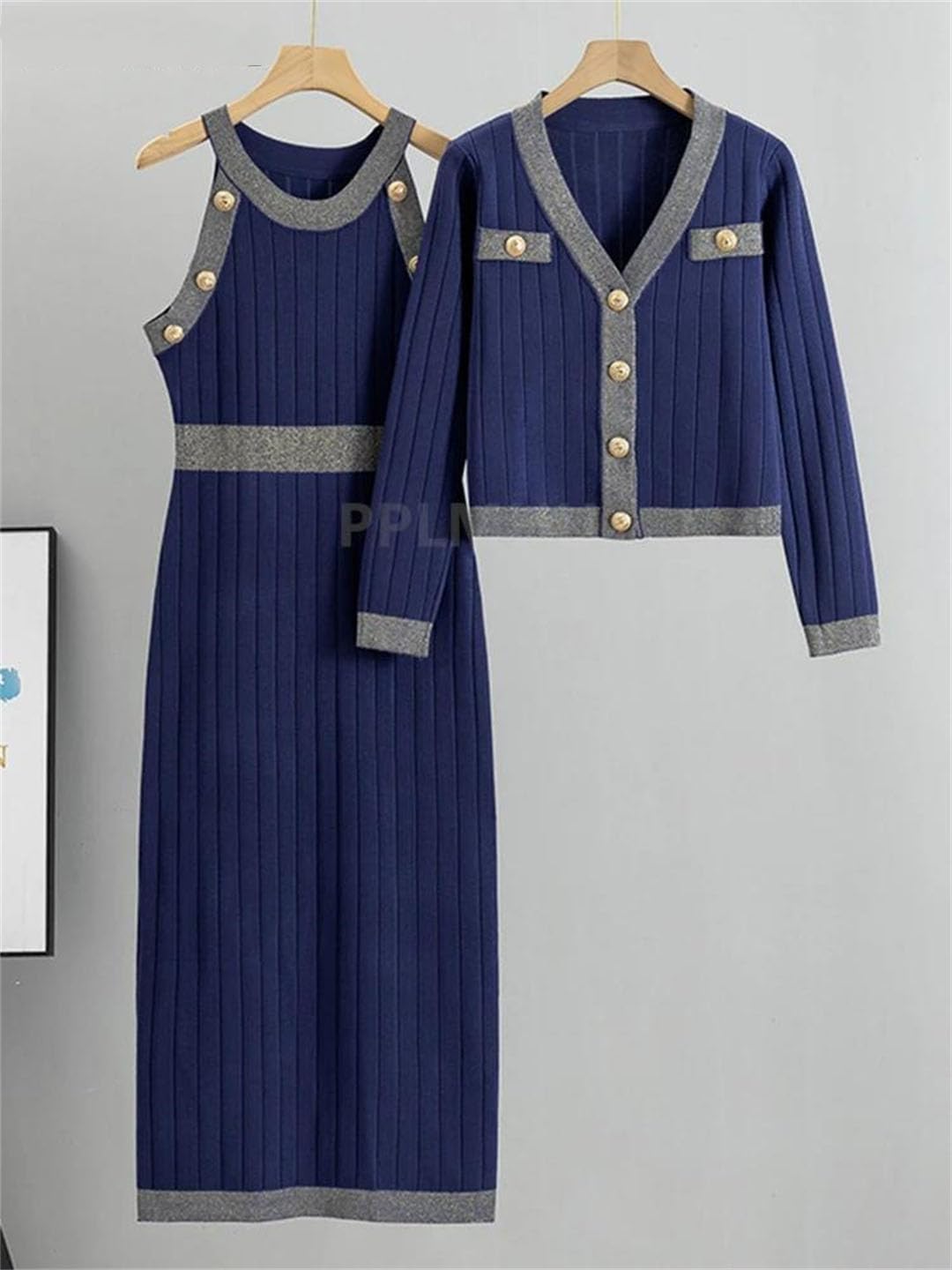 Vestiti aderenti da donna in maglia, set da 2 pezzi, con scollo a V, maglione corto, cardigan conjunto chic sexy canotta slim maxi abiti