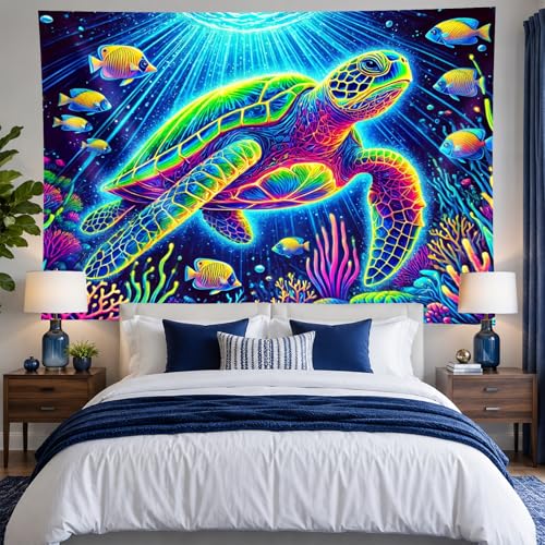 Image of BlissYard Blacklight Tapestry 78x59 Inch Trippy Sea Turtle Glow in the Dark UV Reactive Ocean Underwater Wall Hanging Neon Psychedelic Tapestry for Bedroom Dorm Room Decor Aesthetic Nautical Art