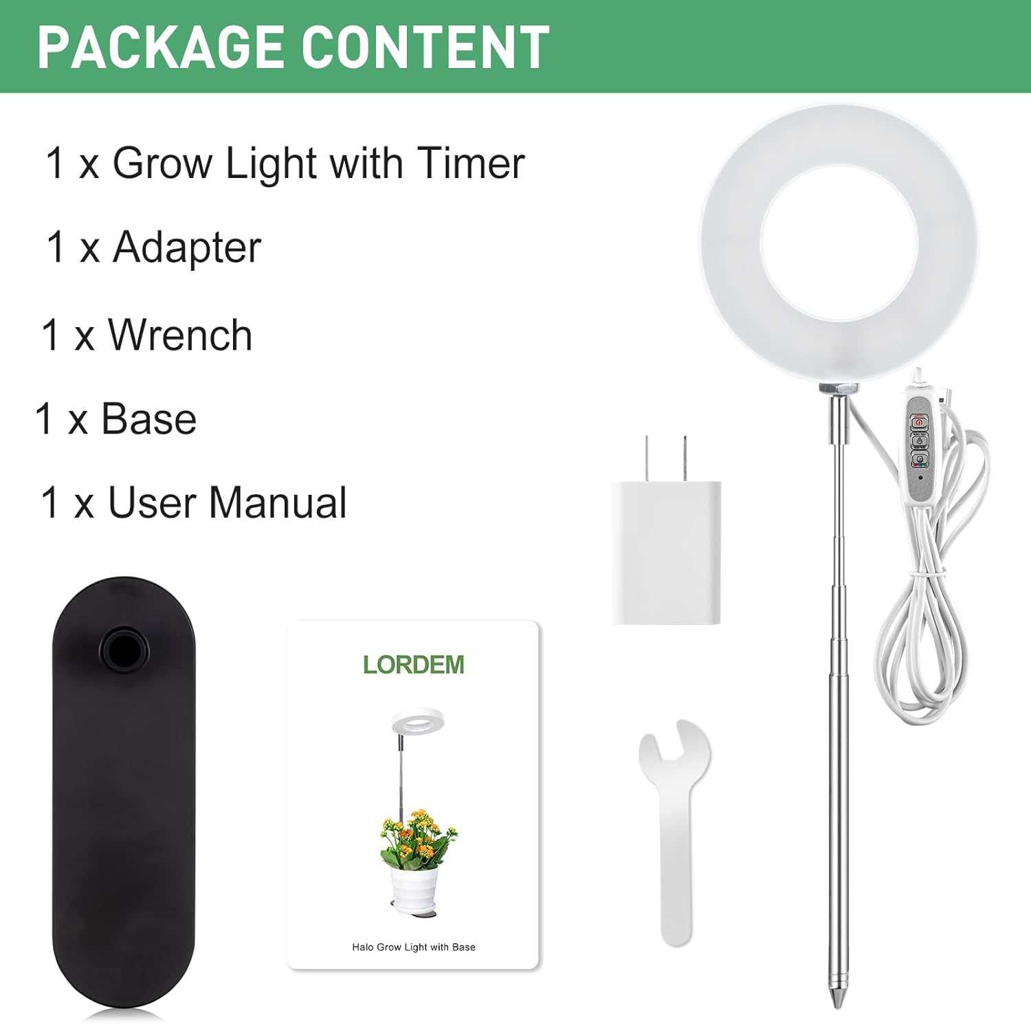 Contents of the LORDEM Plant Grow Light package