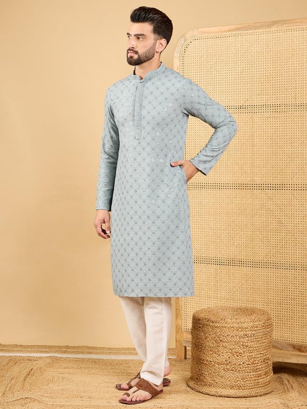 Image of Men's Solid Embroidered Long Straight Kurta | Men's Kurta | Embroidered Chikankari Kurta for Men | Straight Fit Kurta for Men