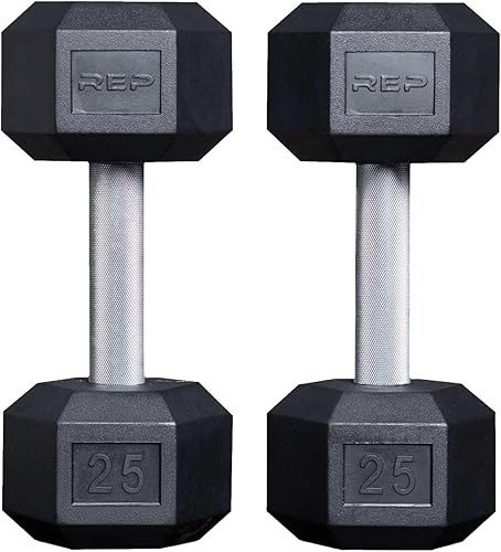 Miniatura 25 de Rep Mancuernas hexagonales de goma Fitness – individuales (55 libras +) y pares (5 libras - 50 libras) – Bajo olor, mango totalmente moleteado