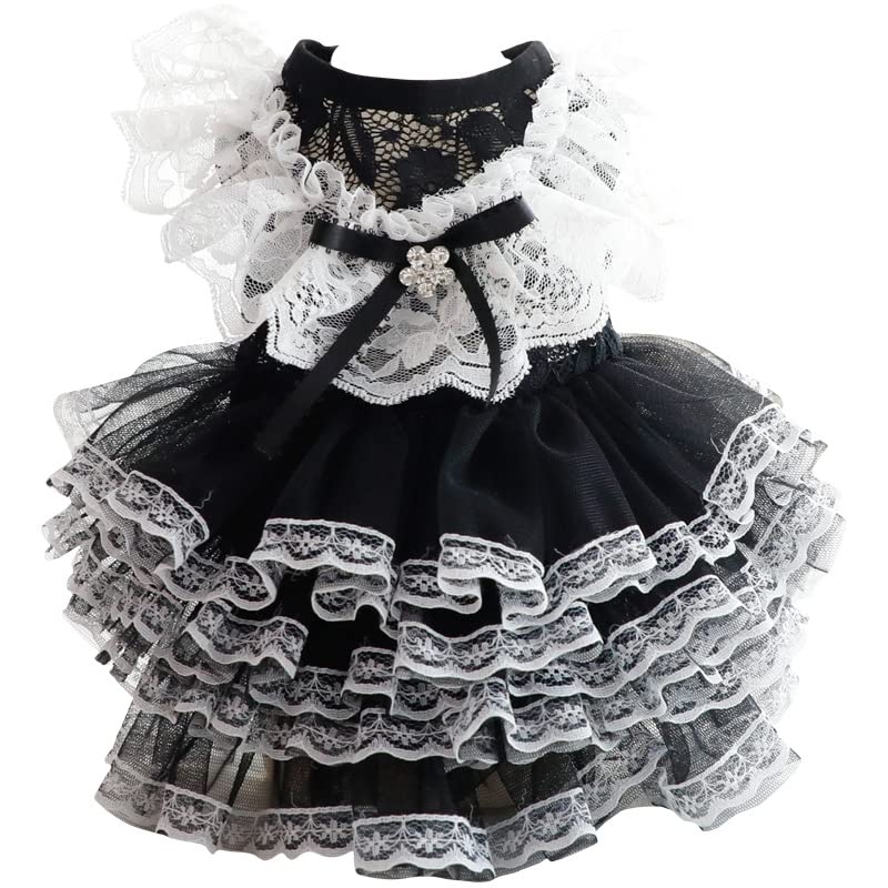 AZA Dog Wedding Dresses for Small Dogs Lolita Clothes Princess Cat Costume Lace Black Pet Girl Cute Coat Outfits Summer Costumes (XS,Black)