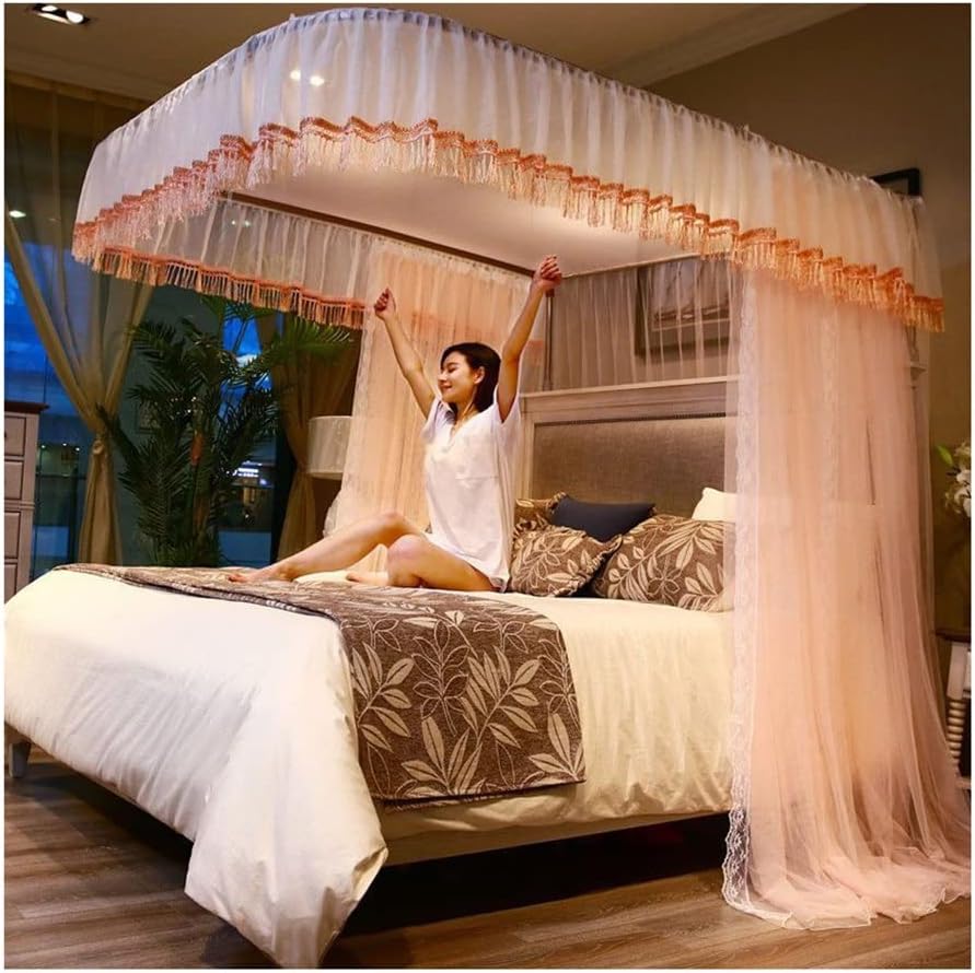 Ruffle Princess Bed Canopy Curtain-Double Layer Cozy Drape Netting 3 Opening Mosquito Net for s Adults Bedroom Decoration (Color : Pink, Size : 120X200CM)