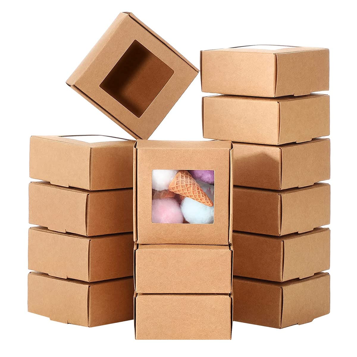Tavrolet 50pcs Mini Kraft Paper Gift Box with Clear Packaging Box Treat Box for Wedding Paper Kraft Boxes Treat (Brown