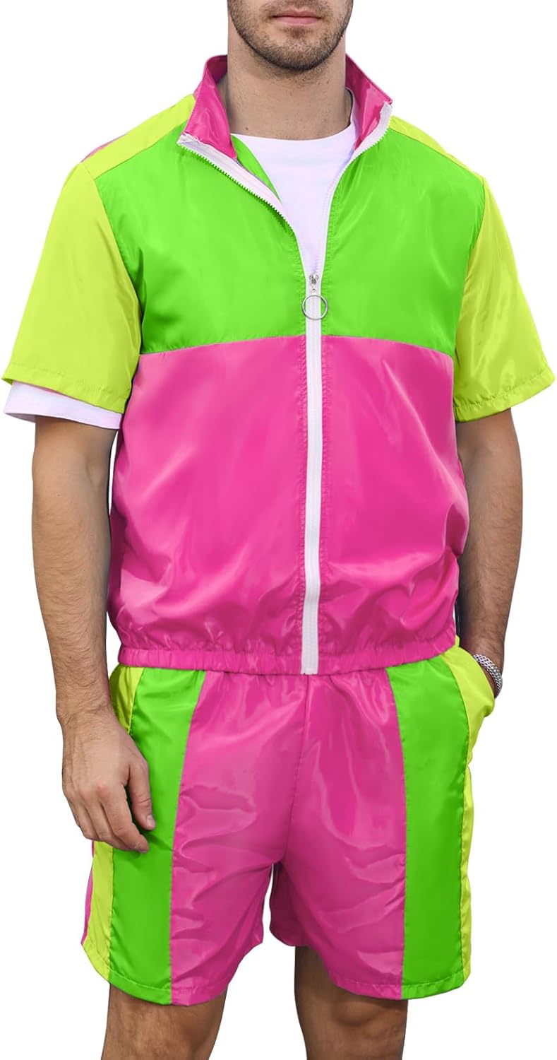 Yisfri Men's 80s 90s Outfit Vintage Windbreaker Jacket Track Suit Disco Outfits Workout Set