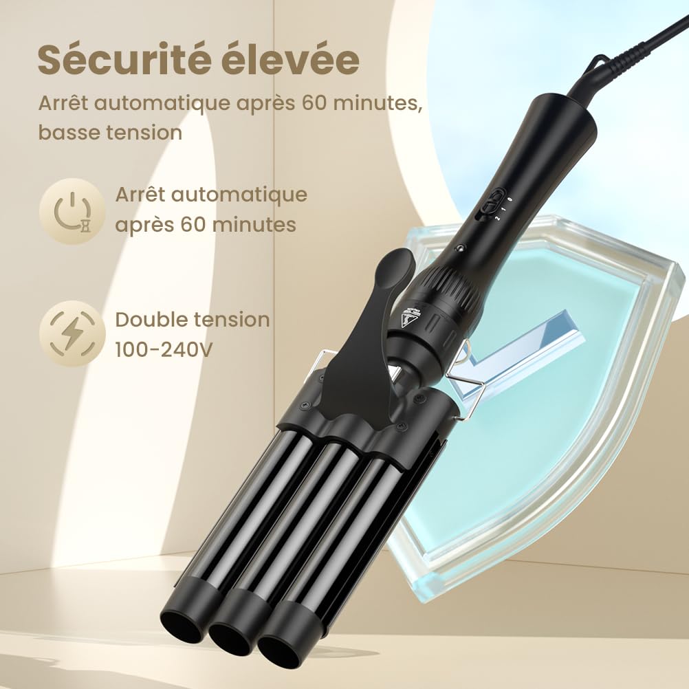 ELEHOT-Store Boucleur a Cheveux 3 Tete à Température Réglable, Fers à Vagues avec Chauffage Rapide PTC, Fer à Friser Ceramique 10-32mm, Fer à Boucler 5 en 1 pour Cheveux Court Longs, 2 Clips