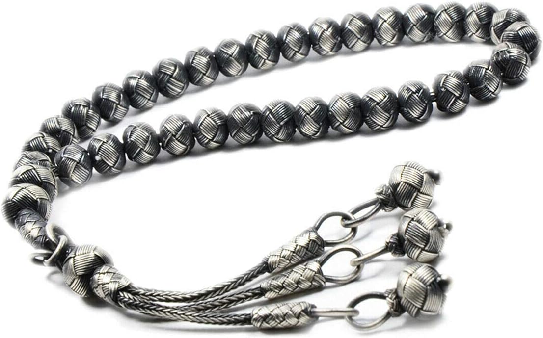 1000 Ct Silver Turkish Kazaz Hand Knitted Black Islamic Prayer Beads Tasbeeh Rosary, 8 5 inch, metal, 8 5 inch, metal