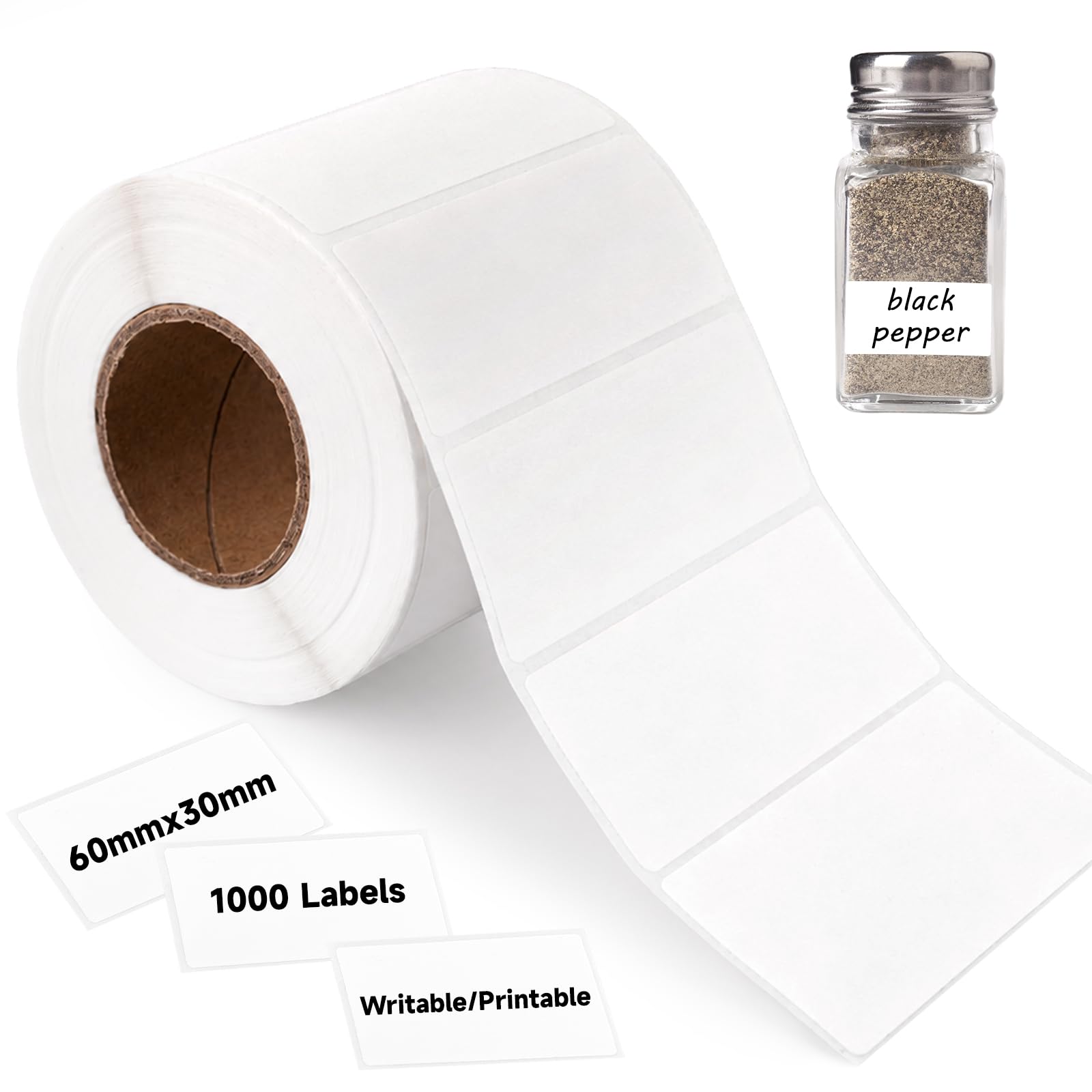 KINGLAKE 1000 White Sticky Labels on a Roll, 60x30mm Self Adhesive Stickers — image 1