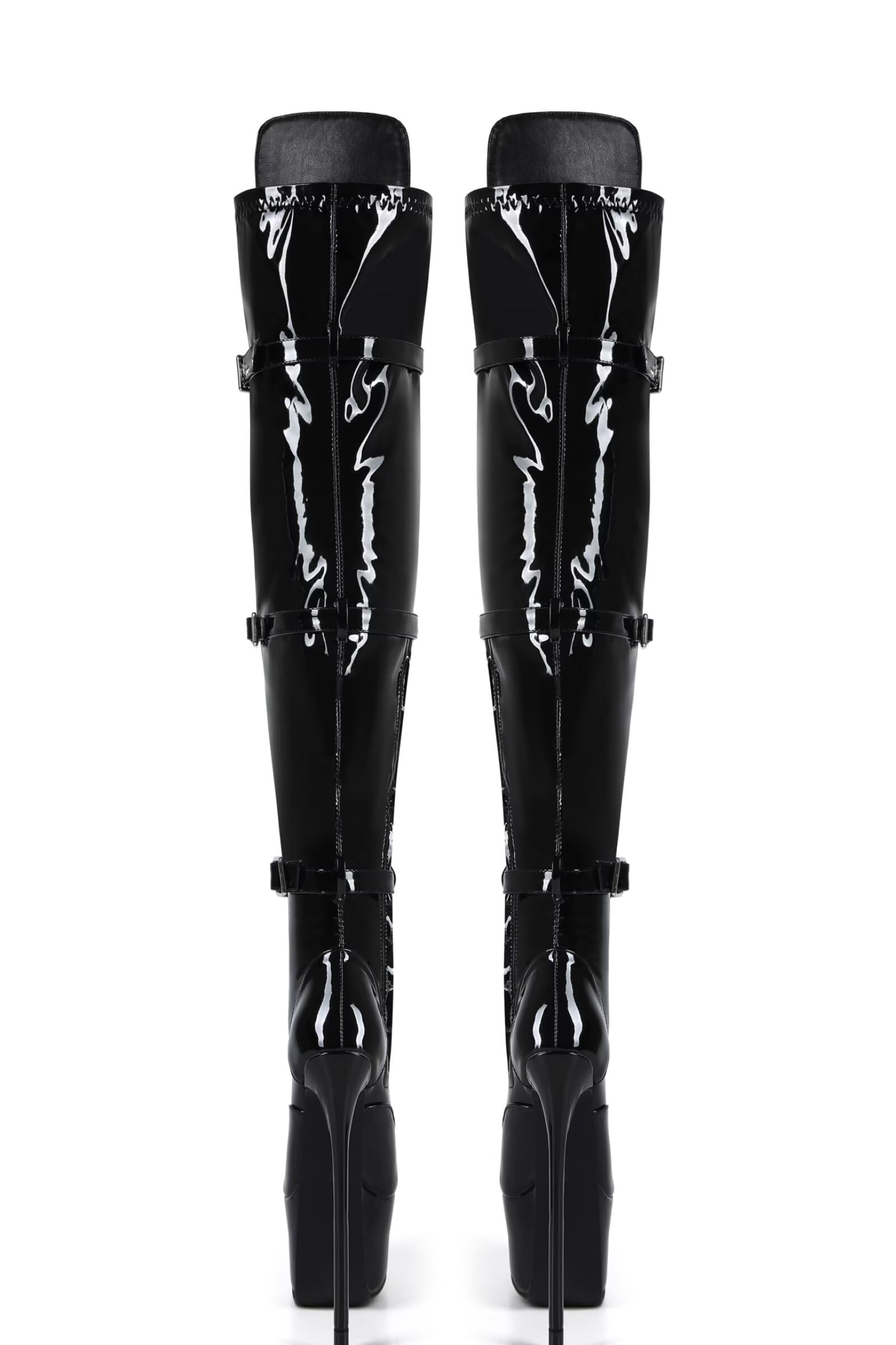 Frankie Hsu Botas largas de tacón alto con plataforma de aguja sexy por encima de la rodilla, cinturón de cinta de charol negro, elástico ajustable, muslo, talla grande, talla grande US5-19, zapatos