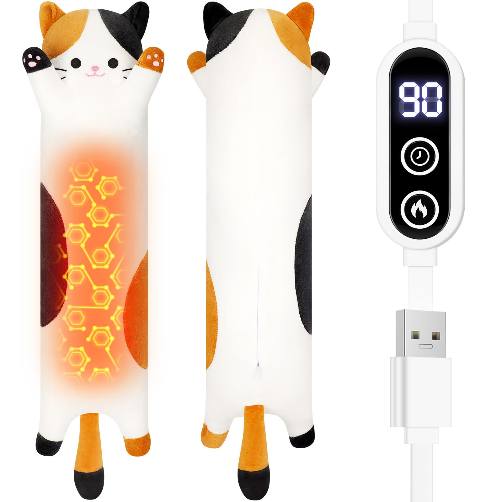 Sprinqdawin Calico Cat Heating Pad-USB Heated Plush Stuffed Animals for Period Cramps and Menstrual Pain Relief,22” Portable Electric Kitten Heating