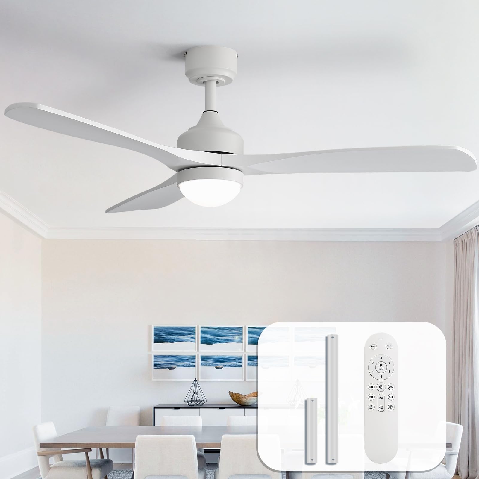 Sofucor 132cm Ventilador de Techo con Luz, Madera maciza Ventilador de Techo con Mando a Distancia, DC, 3 Temperaturas de Color, Temporizador, 6 Velocidades, Modo Verano Invierno para Salones
