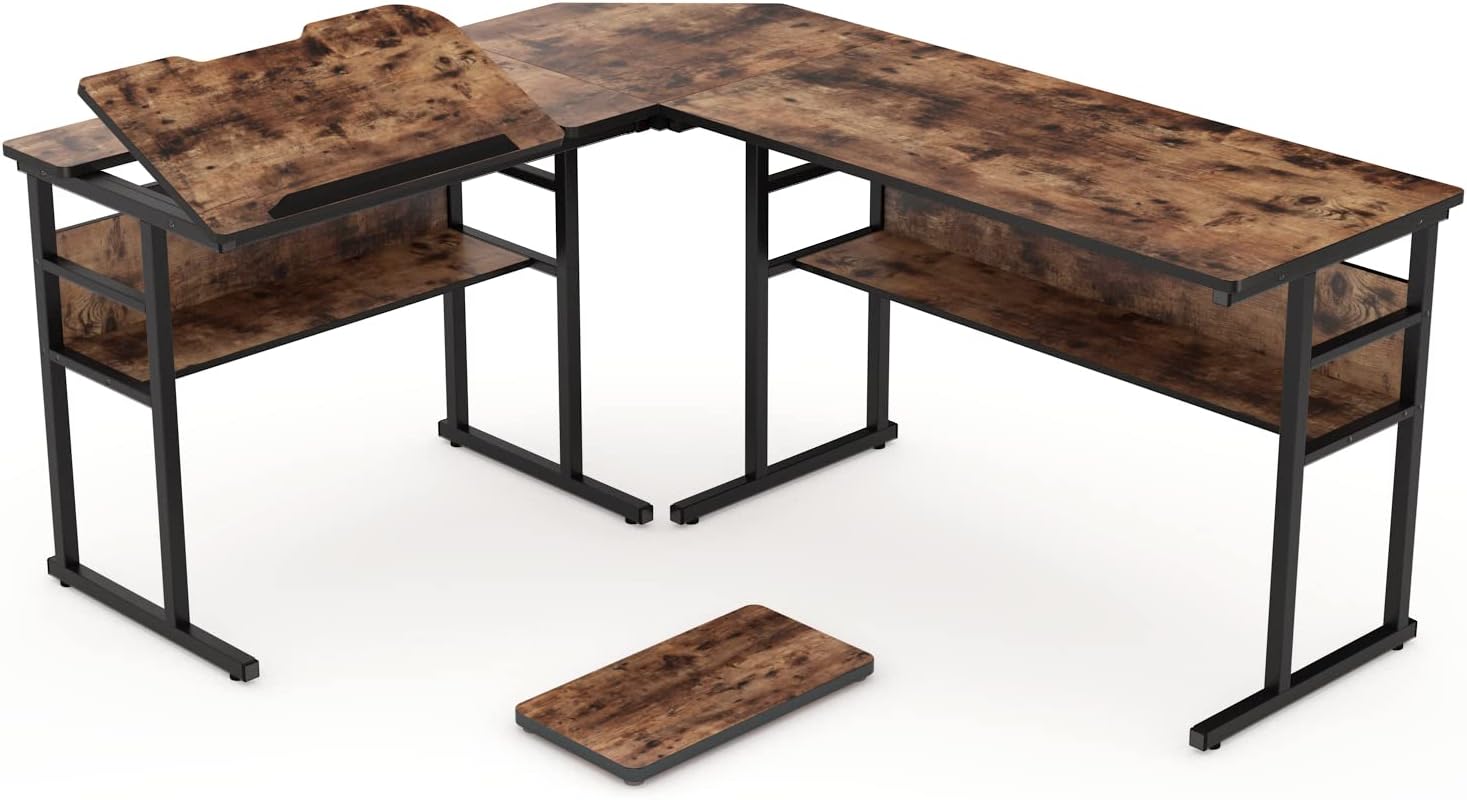 Tribesigns Industrial L-Shaped Desk with Bookshelf, 67 inch Double Corner Computer Office Desk Workstation Drafting Drawing Table with Tiltable Tabletop for Home Office(Rustic Brown)