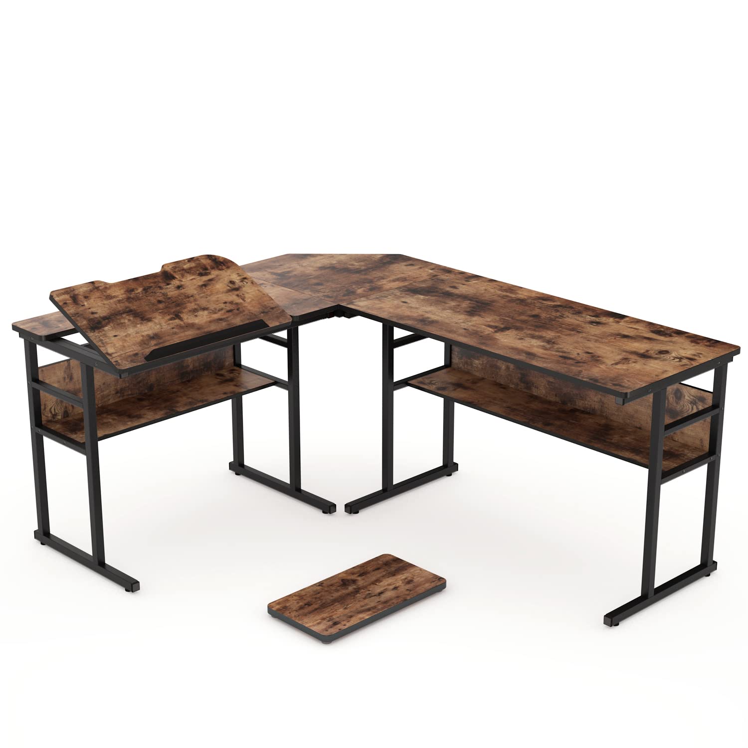 Tribesigns Industrial L-Shaped Desk with Bookshelf in a home office setting