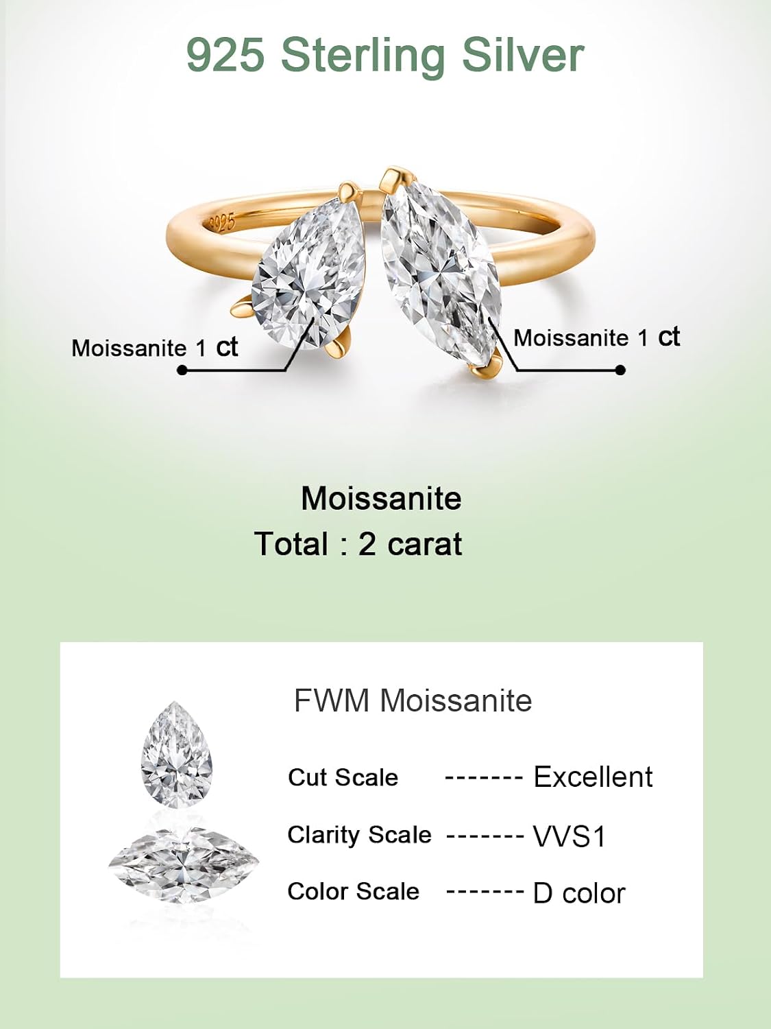 FWM 2 Carat Moissanite Toi Et Moi Open Ring for Women, Adjustable Engagement Wedding Ring, Solid Sterling Silver With Gold Plated, Anniversary Birthday Christmas Valentines Jewelry Gift