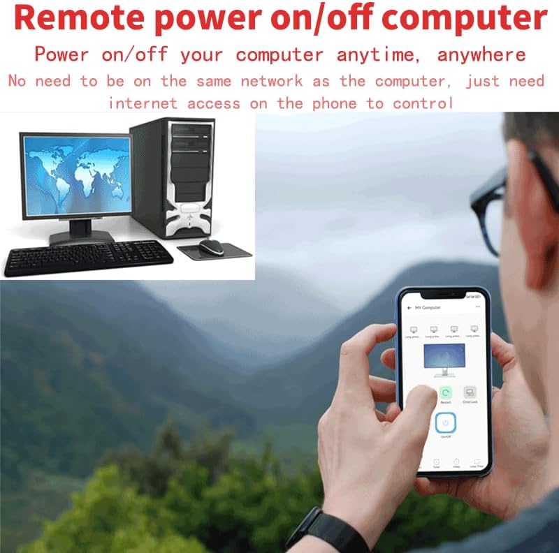 Image showing a smartphone displaying the eWelink app interface for remote computer control.
