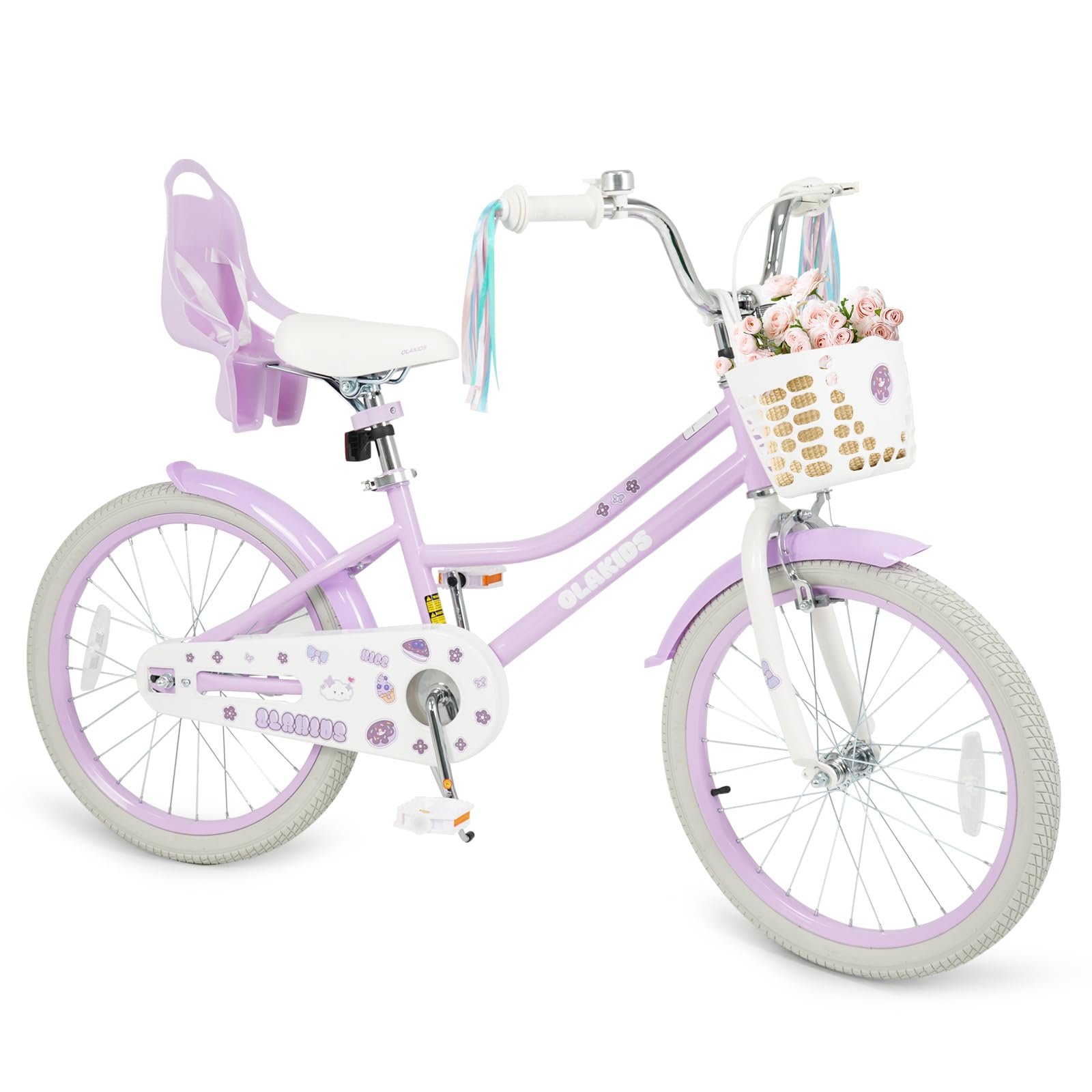 Olakids Kids Bike, 12 14 16 18 20 Inch Girls Bicycle with Doll Seat Basket Adjustable Seat and Handlebar, Handbrake and Coaster Brake