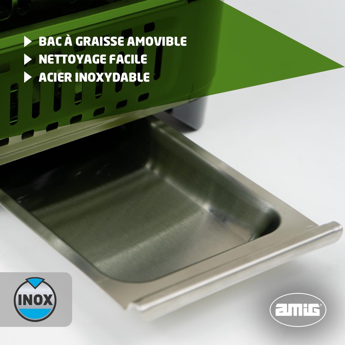 Amig - Réchaud a Gaz BBQ01K, Cuisine Portable, Kit Réchaud Grill - Grille en Fonte d'Aluminium et Plancha avec Couvercle de Cuisson, Plateau Ramasse-Graisse en Acier Inoxydable, 1,8 kW