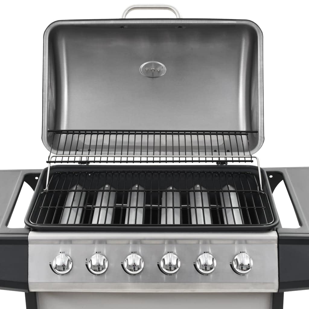 Barbecue a gas con 6 fiamme, in acciaio inox, stazione barbecue da giardino con termometro, 12 kW, superficie di cottura 63,5 x 37,5 cm, per terrazza e giardino