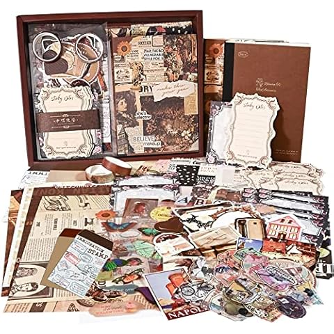 NA NA Vintage Scrapbook Zubehör Set, 136 Stück Ästhetisches Bullet Junk Journaling mit A6 Raster Notizbuch, Scrapbook Stickers,Reisebuch Geschenkset, DIY Geschenk für Mädchen Damen (Schokolade) Cover