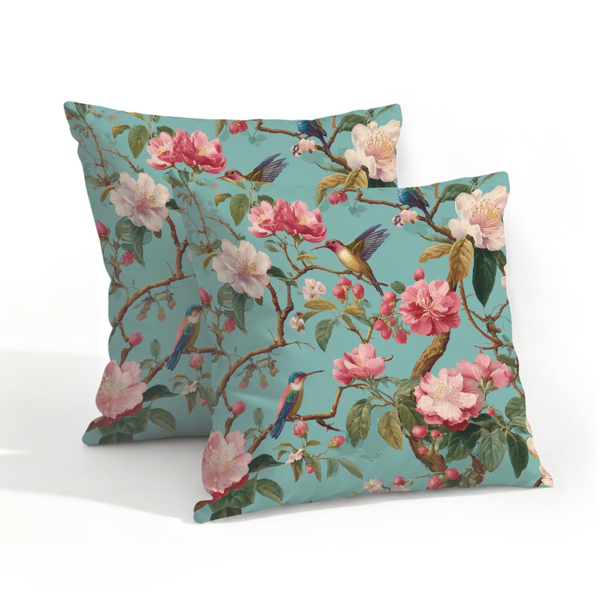 Outdoor Pillow Covers Waterproof Pillowcases 18x18in Set of 2 Chinoiserie Pink Flower Branches Birds On Turquoise Decorative Throw Cushion Case for Couch Sofa Garden Patio Furniture