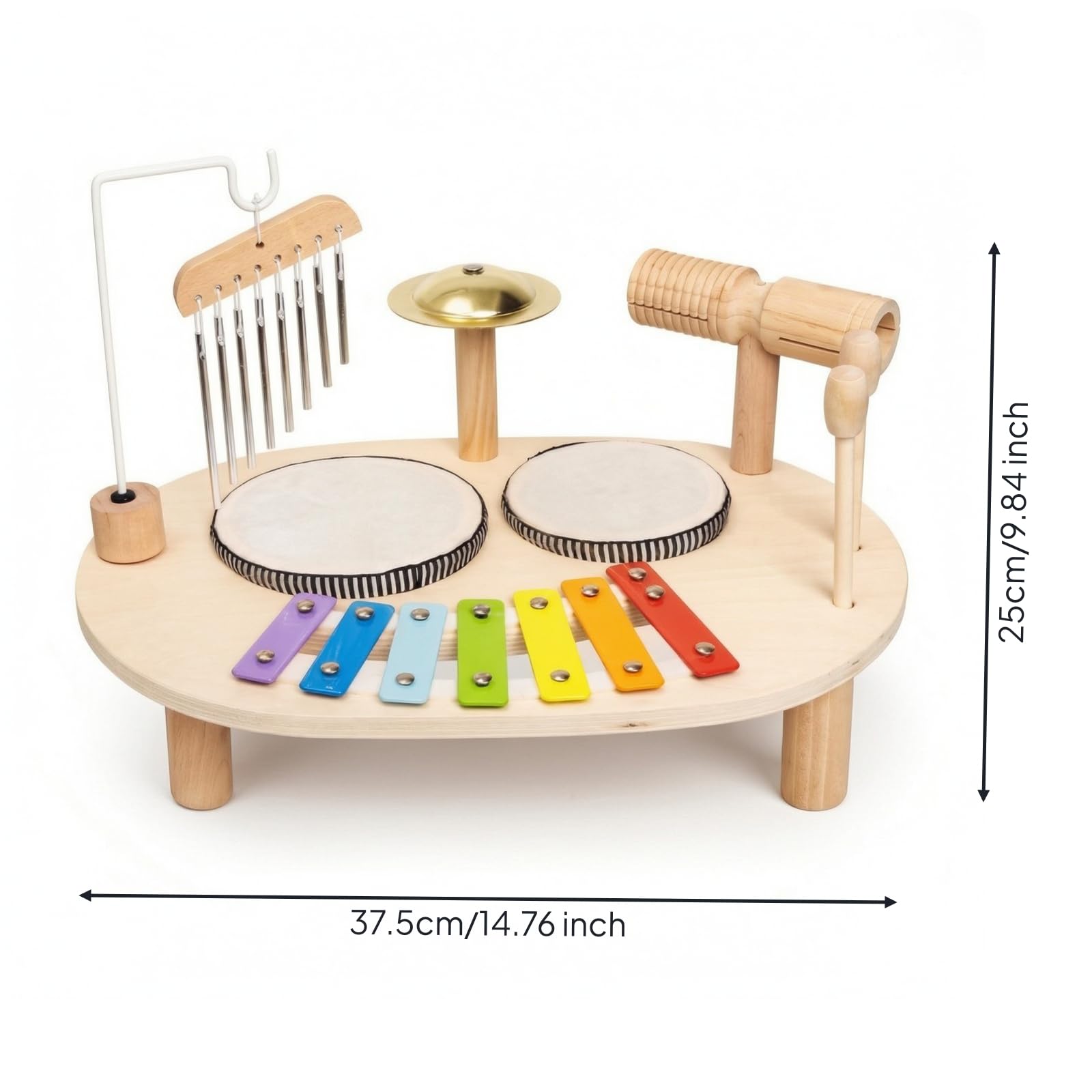 Colcolo Juguete de Percusión para Niños con Completa Base de Mesa con Llaves Metálicas Coloridas Tambores Platillo y Bloque Incluye Mazos Madera y Metal
