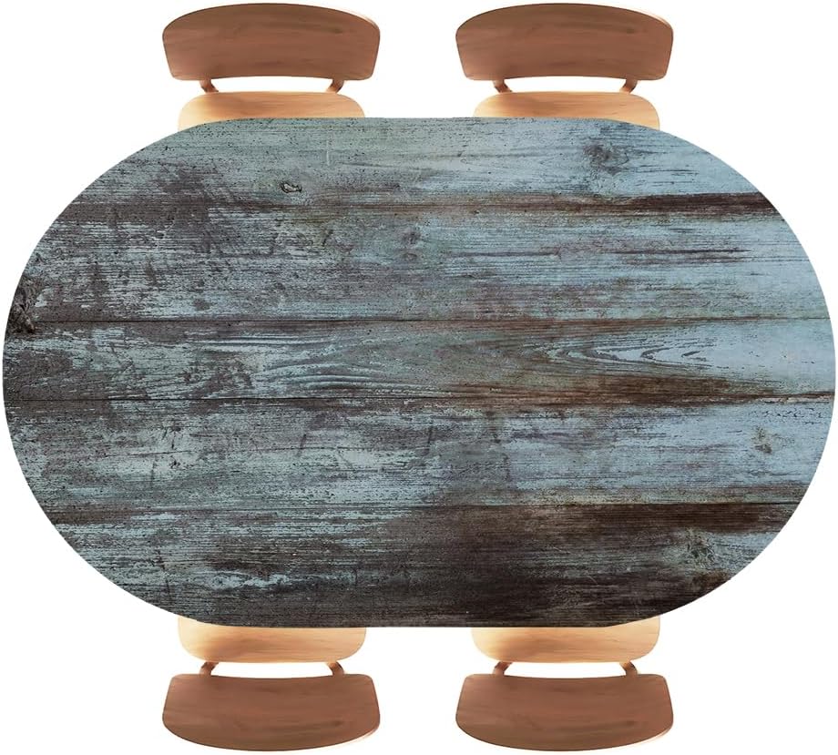 Oval Fitted Tablecloth Polyester, Rusty Sea Blue Lines Planks Wood Texture, Elastic Edge Cover for Kitchen Island, Patio, Card Tables and Party Use, Fits 48"x68" Oval Tables