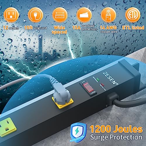 12 Outlet Industrial Long Power Strip Wide-Spaced Outlets with 15Ft Cord - image 3