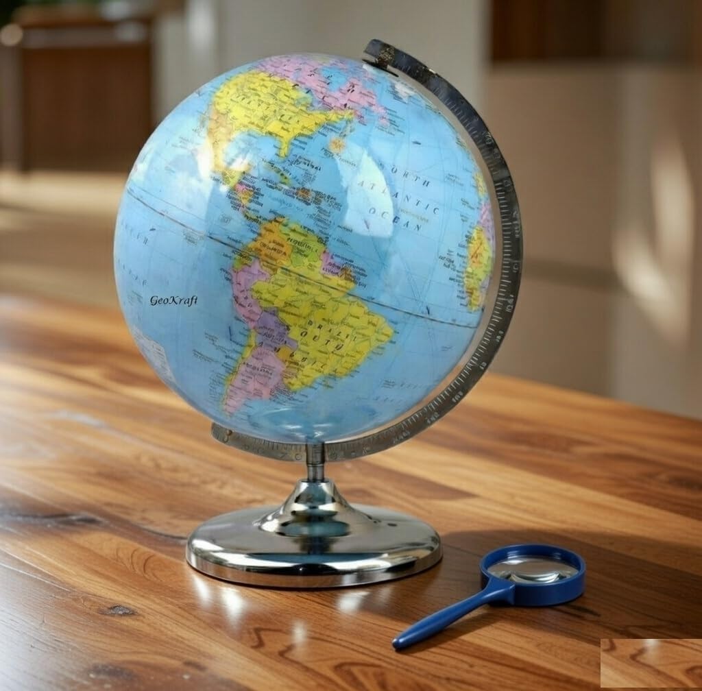 Educational World Globe with Metal Base, 12 Inches Height, 10 Inch Diameter, Blue, with Magnifier