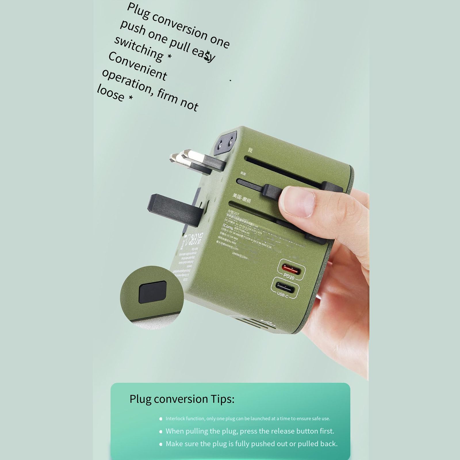 Adattatore da viaggio universale, 3 USB+2 Type-C+1 presa globale+pin universale, un caricabatterie da muro indispensabile per i viaggi globali,Green-TYPE-Cfastcharge