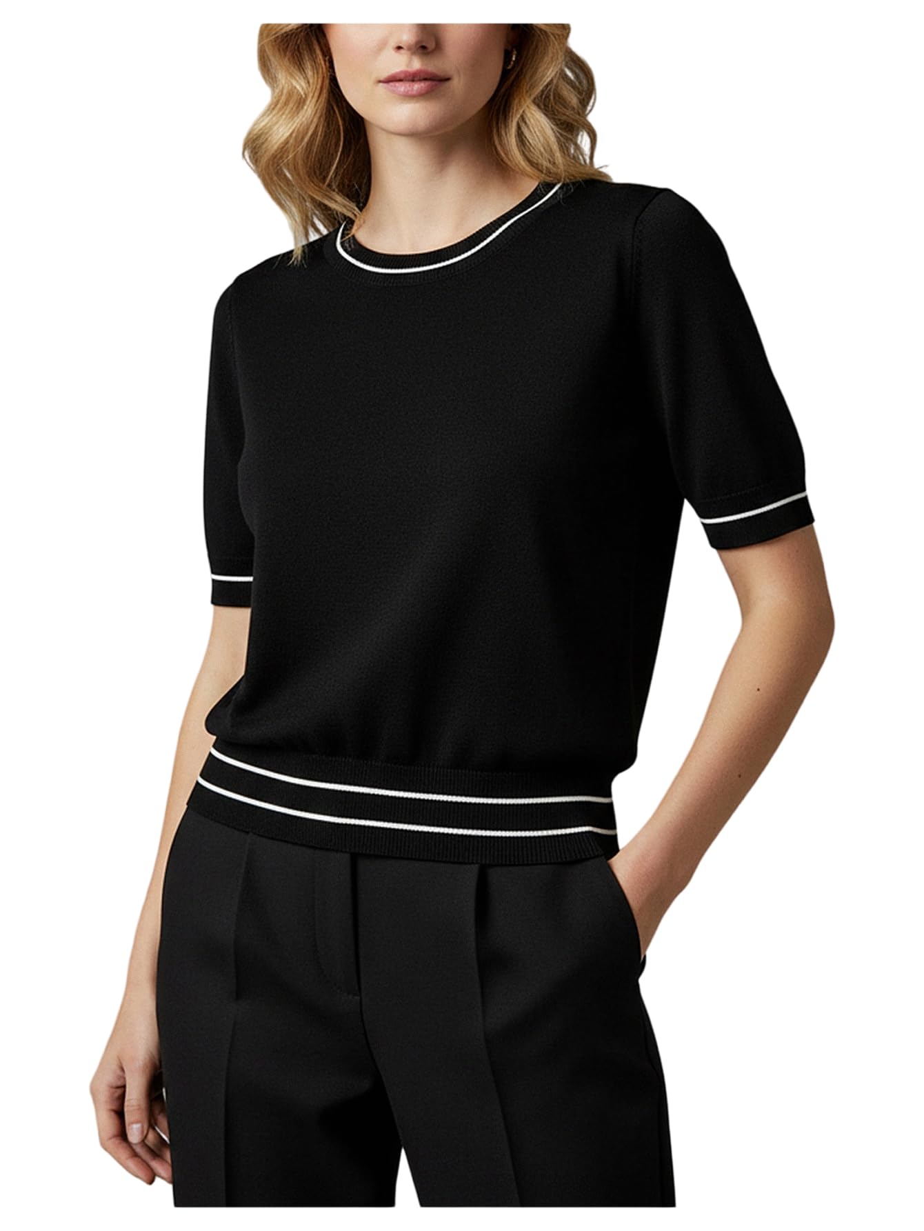 Womens Short Sleeve Sweater Dressy Casual Crew Neck Basic Knit Pullover Tops