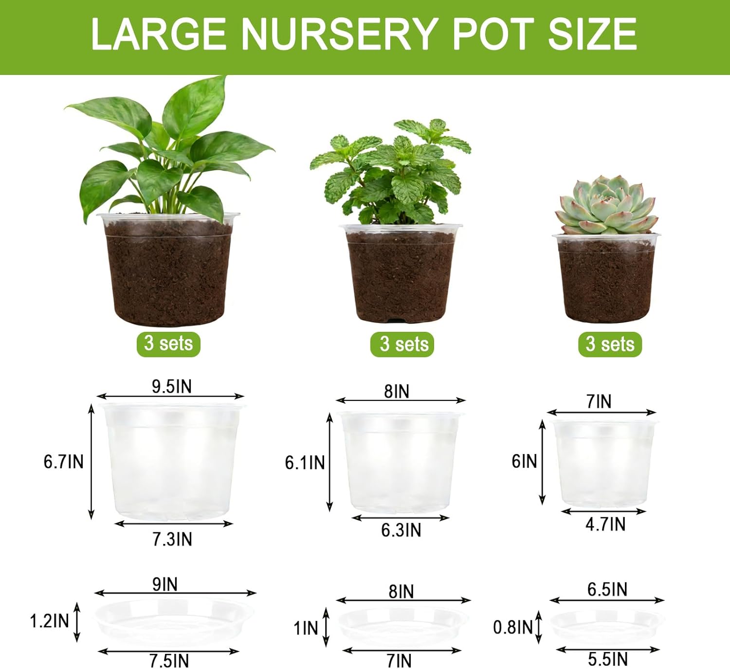 7/8/10 Inch Large Clear Nursery Pots with Drainage Holes, Thick Reusable Plastic Plant Pots for Indoor Outdoor Plants, Seedlings, Succulents, Transplanting (7/8/10 inch)