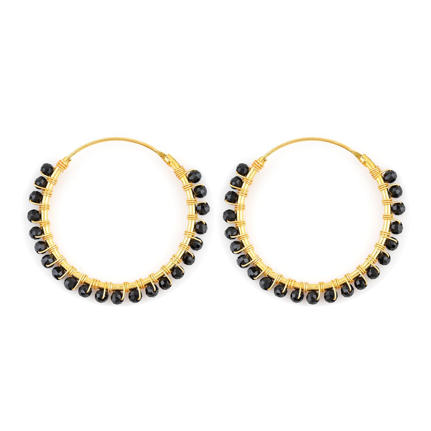 ColouredRocks BLACK SPINEL Gemstone Beads Trendy Hoop Earrings Set, Dainty Earrings for Women, Birthday, Mother. Mom, Wife, Daughter, Girlfriend, Gold Plated Earrings Pair