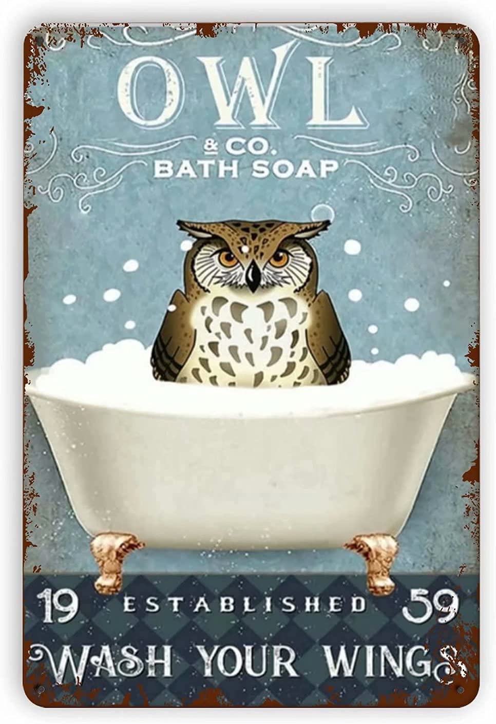 Lawenp Owl Bathtub Metal Tin Sign,Bath,Wash Your Wings,Vintage Wall Decor Aluminum Poster for Home Farm Village Cafe Garage 12x16 Inch