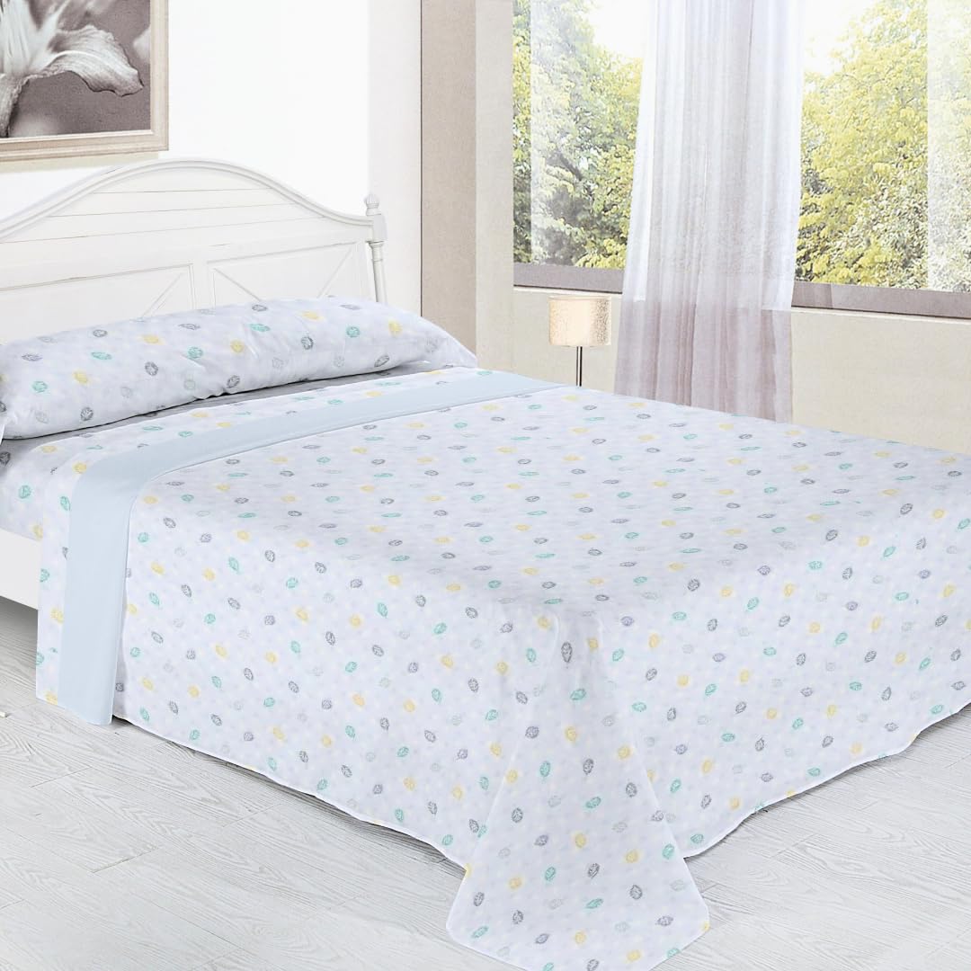 KUMY Juego de Sábanas Coralina Perchado Doble Cara para Invierno -Extra Suave, Ajustable, Diseño Estampado- 3 Piezas (Hojitas, Cama 90)