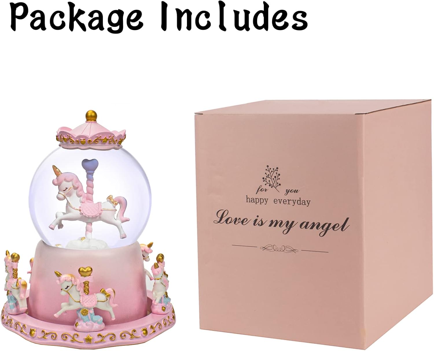 Pink Carousel Music Box Snow Globe Horse Color Changing LED Lights Plays 6 Songs as Castle in The Sky Musical Gift for Wife Daughter Mom Women Birthday Mother's Day Christmas Valentines Gifts