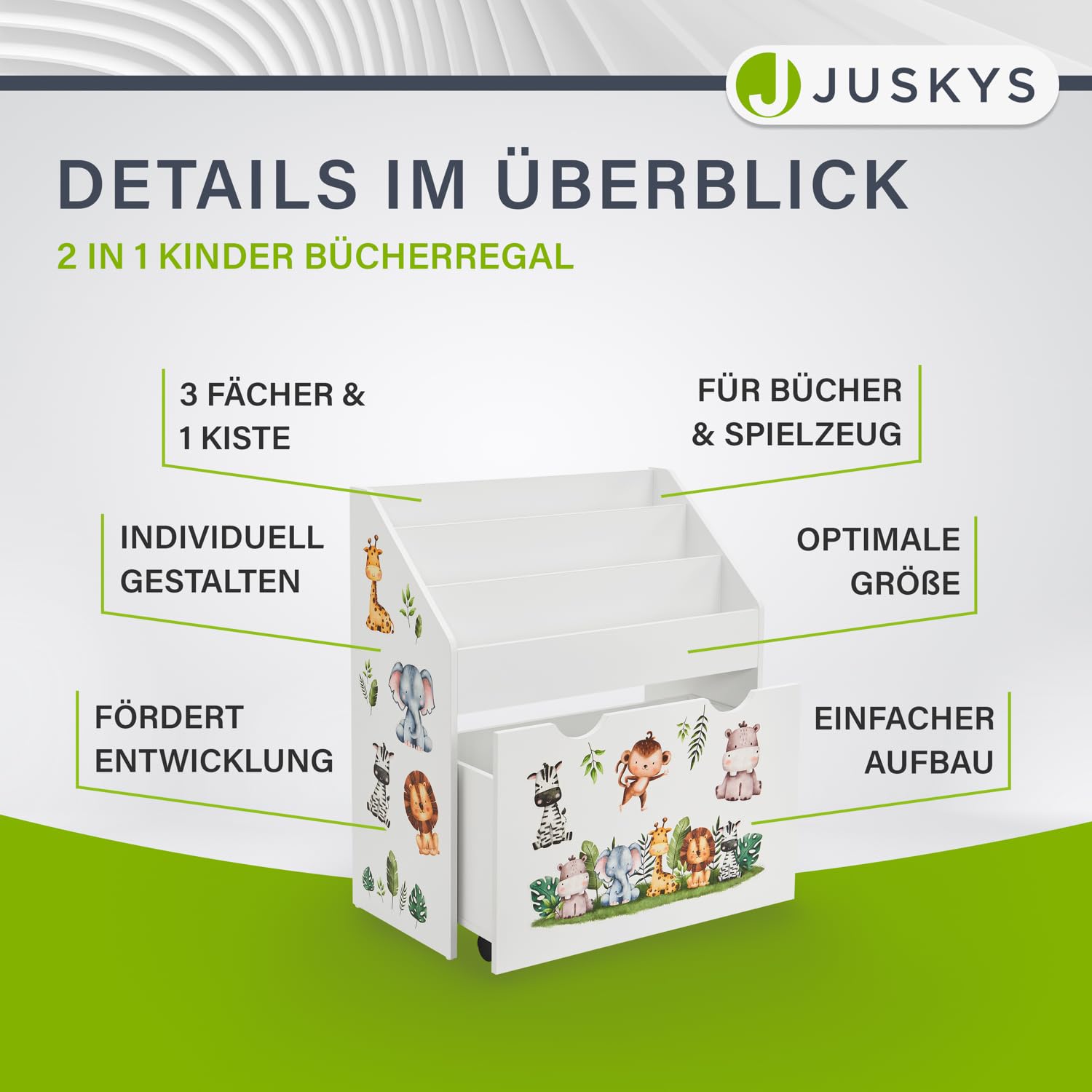 Juskys Kinder Bücherregal mit 3 Fächern & Spielzeugkiste - Holz Regal 63x30x70 cm BTH - Aufbewahrung von Büchern & Spielzeug im Kinderzimmer - Weiß