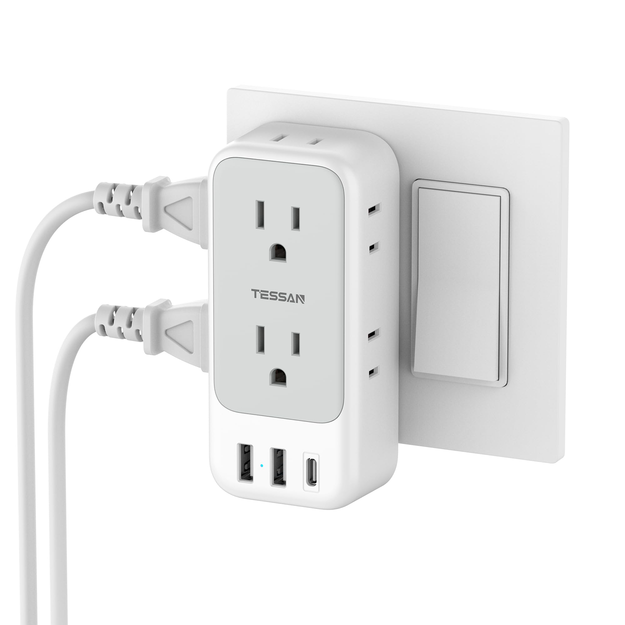 USB Plug Adapter for Wall Outlet, TESSAN Outlet Extender with USB C, 7 AC Multi Plug Wall Charger, 4 Sided Design for Cruise, Home, Office, Dorm Room Essentials, Grey