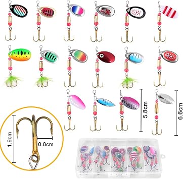 Vicloon Fishing Lures Set, 16 Pcs Fishing Baits Kit Fishings Lures Mixed Including Spinners, Jig Hooks, Bait, Sequins Spinner Fishings Lure with Hook, Lifelike Rotating Metal Fishinge Bait Set