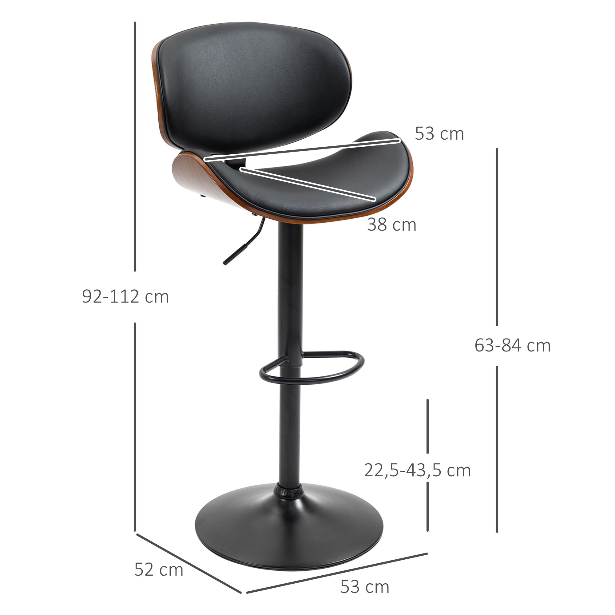 HOMCOM 2 szt. Hokery regulowane wysokości Czarny 53 x 52 x 92-112 cm