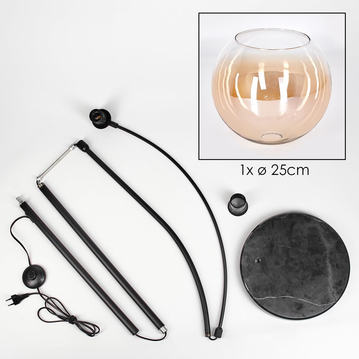 HOFSTEIN Stehleuchte Koyoto, Stehlampe aus Metall/Glas in Schwarz/Bernstein/Klar mit Marmorfuß, verstellbare Leuchte im Retro-Design (Schirm Ø 25 cm), Fußschalter, E27, Wohnzimmer, Schlafzimmer, Flur