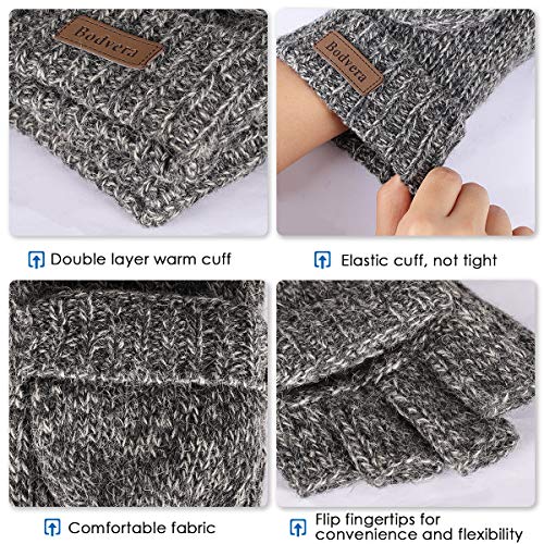 Bodvera Thermal Insulation Fingerless Texting Wool Gloves for Women and Men Winter Warm Knitted Convertible Mittens Flap