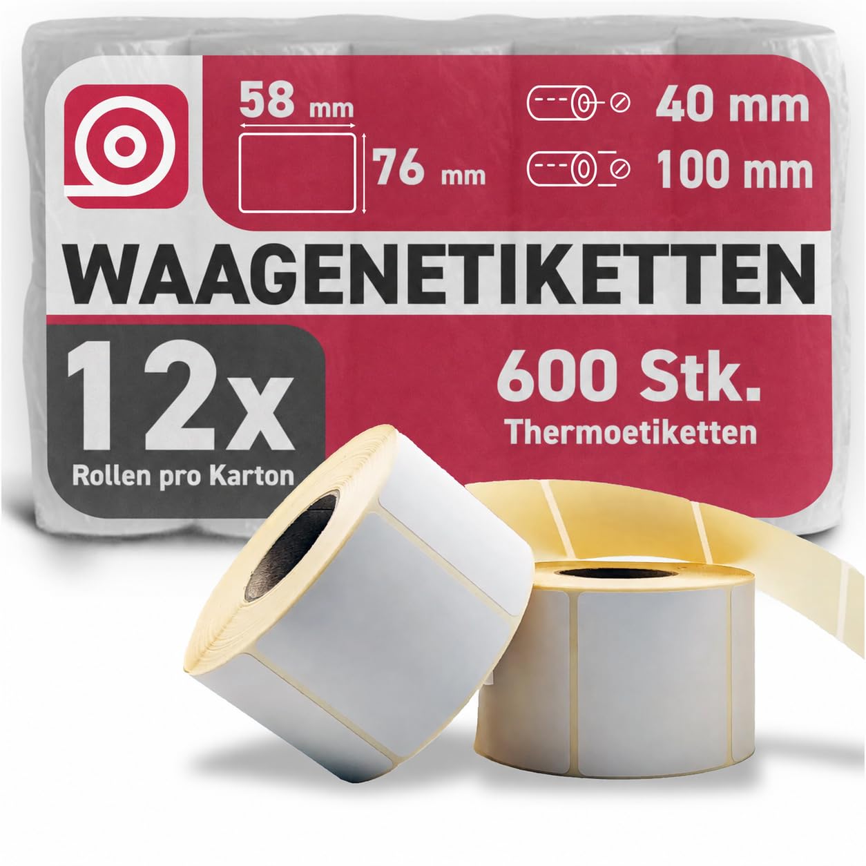 Waagenetiketten 58 x 76 mm 12 Rollen 7200 rechteckige Einzeletiketten selbstklebend, Phenolfrei & stark haftend Ø 100 mm kompatibel mit Bizerba & weiteren Waagen für Theke & Kasse