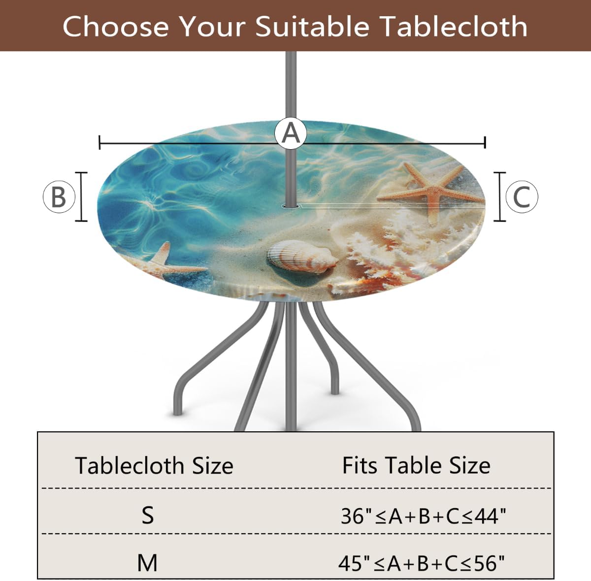 AUUXVA Round Outdoor Tablecloth with Umbrella Hole - Waterproof Patio Table Cover with Zipper Elastic Table Cloth Fits 45"-56" Tables for Party Cafe Garden Decor(Ocean Shells Starfish)