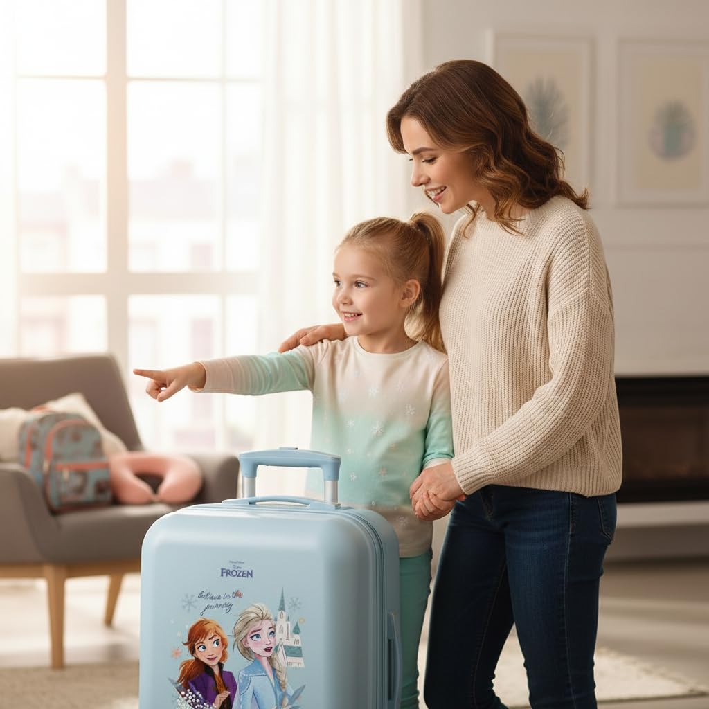 Disney Torby Joumma, Frozen Believe in The Journey, Walizka kabinowa, Walizka dziecięca, Wykonane z ABS, Cztery podwójne koła wielokierunkowe, boczne zapięcie szyfrowe., Niebieski, Walizka kabinowa