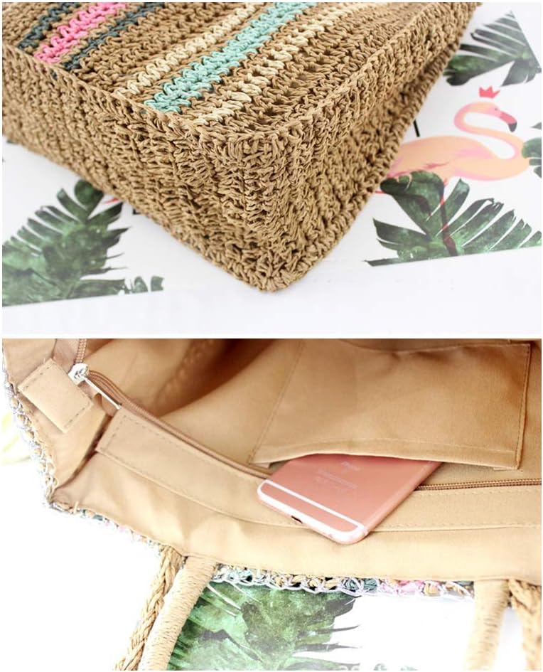Fashion Women Straw Zipper Tote Bag Summer Beach Colorful Shoulder Bag with Woven Shoulder Strap