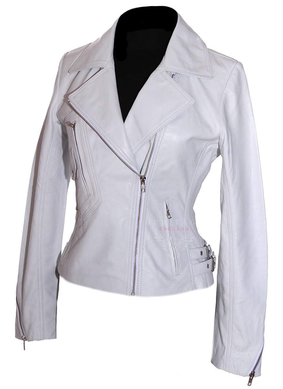H.e Women's White Hillary Biker Style Retro Designer Real Italian Washed Lambskin Leather Fashion Jacket (Sizes: 8 To 22 Available) (Size: 8)