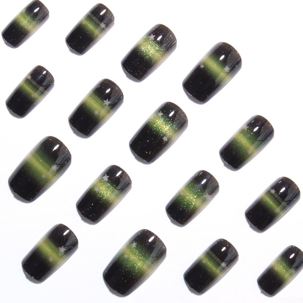 Uñas Postizas Cuadradas Verde Ojo de Gato 24 para uds Uñas Postizas
