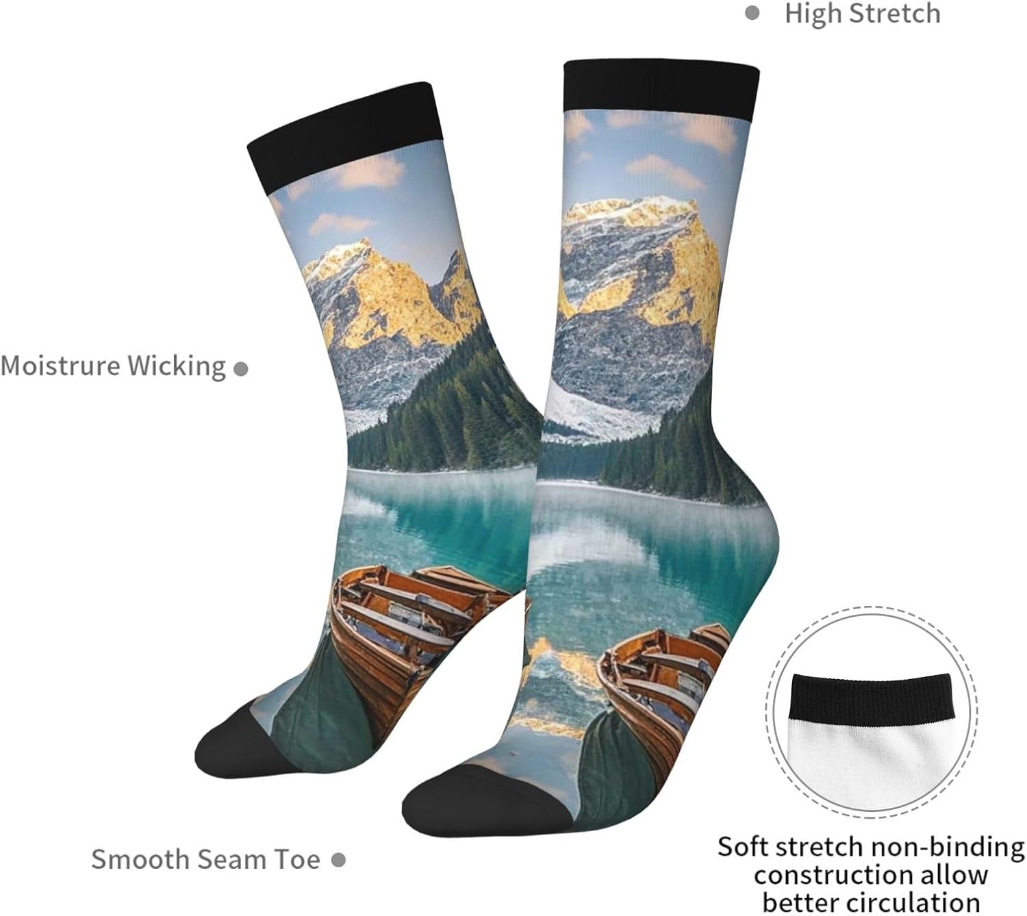 Socks for Women Men Warm Breathable Boot Socks Mountain Lake Boats Calf Socks Crew Sock for Hiking